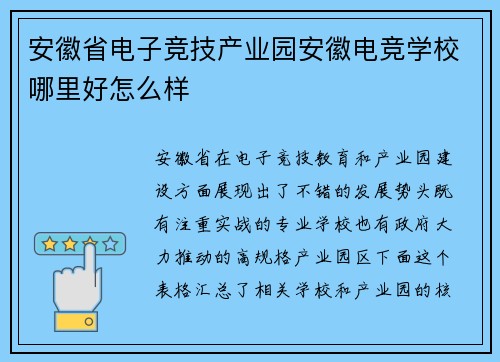 安徽省电子竞技产业园安徽电竞学校哪里好怎么样